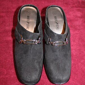 White Stag Closed Toe Black Velour Mules with 2 inch heel